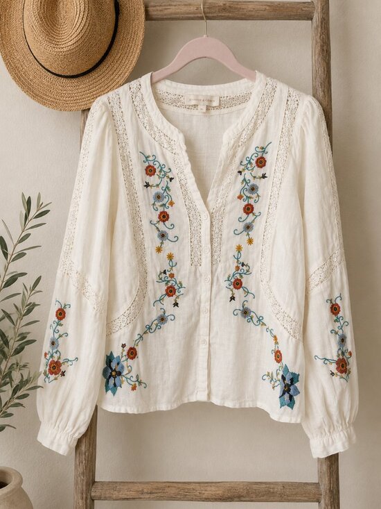 Jennifer & Grace Tops - Jennifer & Grace Embroidered Boho Peasant Blouse XL Cream Cottagecore Top